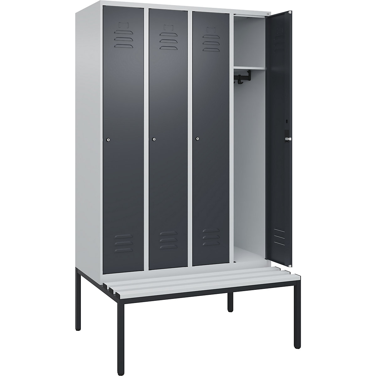 Classic PLUS öltözőszekrény paddal – C+P, 4 fülke, világosszürke / szürke, szé 1200 mm, hengerzár, alátámasztott, műanyag-182