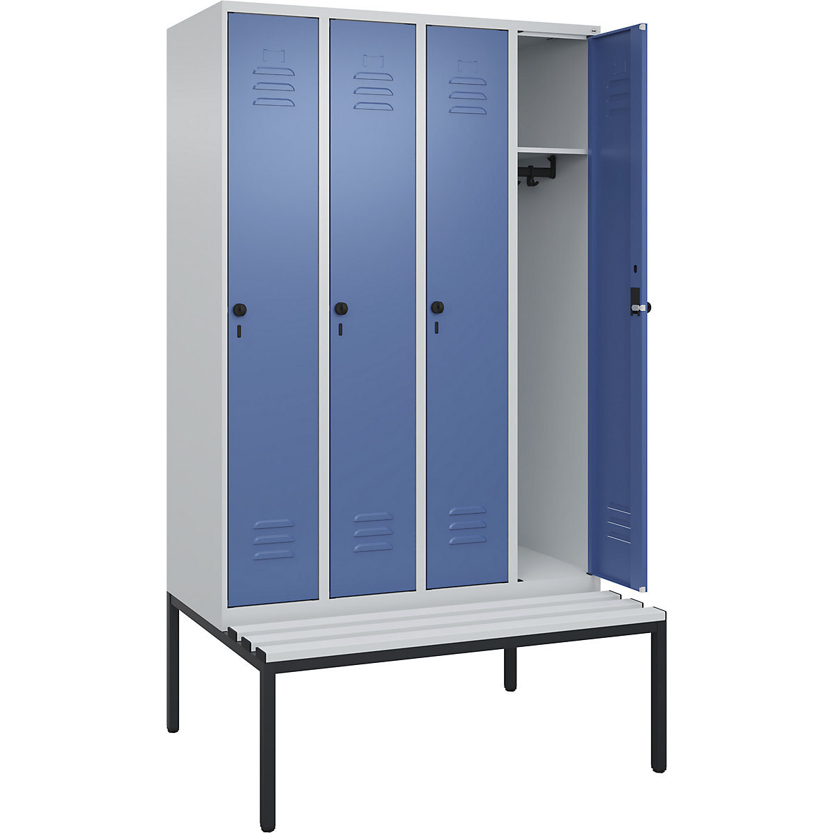 Classic PLUS öltözőszekrény paddal – C+P, 4 fülke, világosszürke / távolikék, szé 1200 mm, biztonsági forgóretesz, alátámasztott, műanyag-153