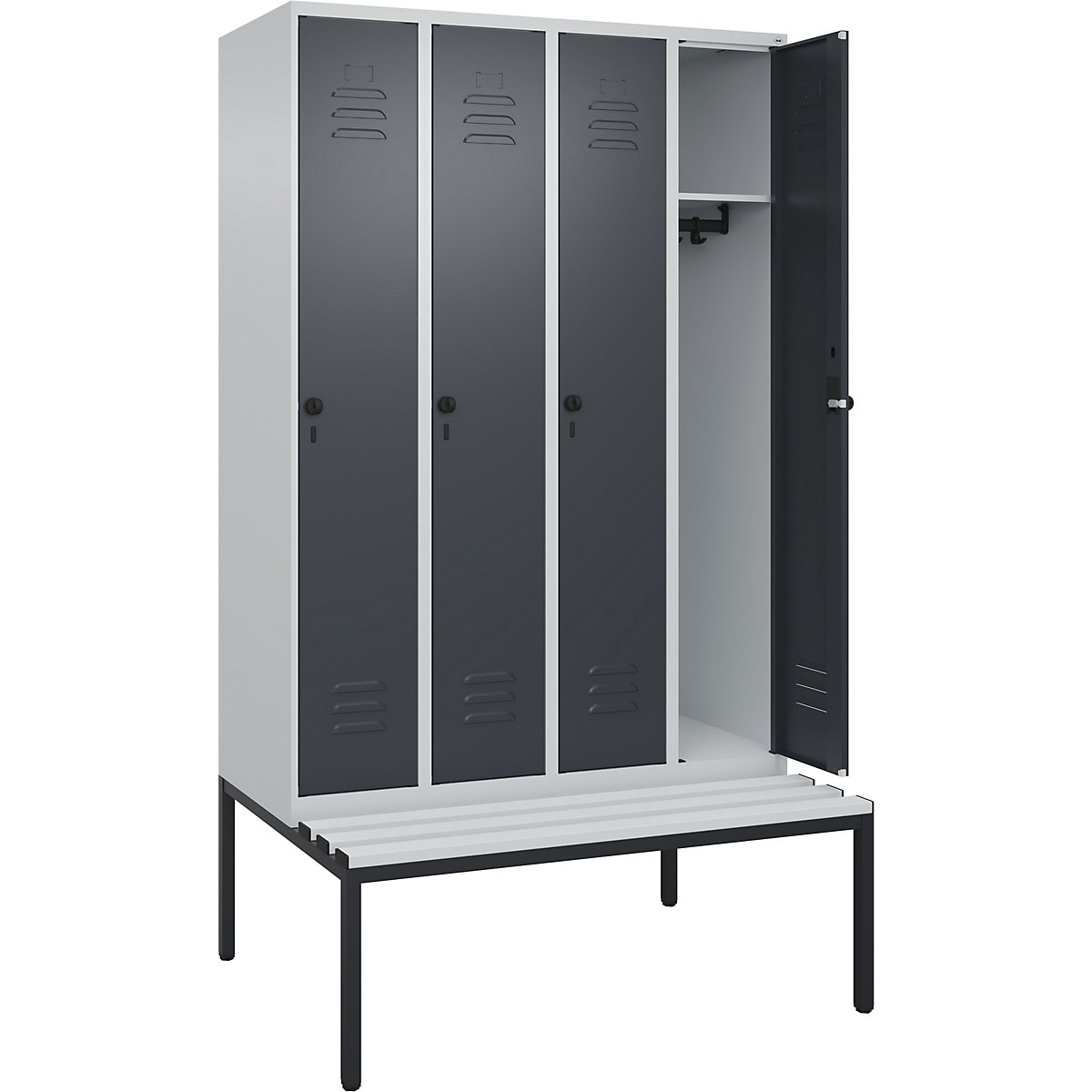 Classic PLUS öltözőszekrény paddal – C+P, 4 fülke, világosszürke / szürke, szé 1200 mm, biztonsági forgóretesz, alátámasztott, műanyag-94