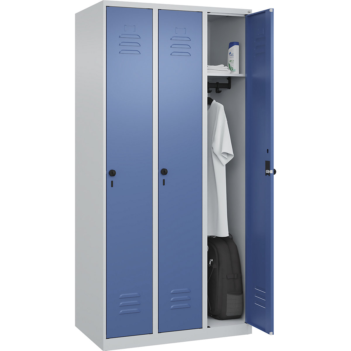 Classic PLUS öltözőszekrény – C+P, 3 fülke, világosszürke / távolikék, szé 900 mm, csúszótalpakkal, forgóretesszel-158