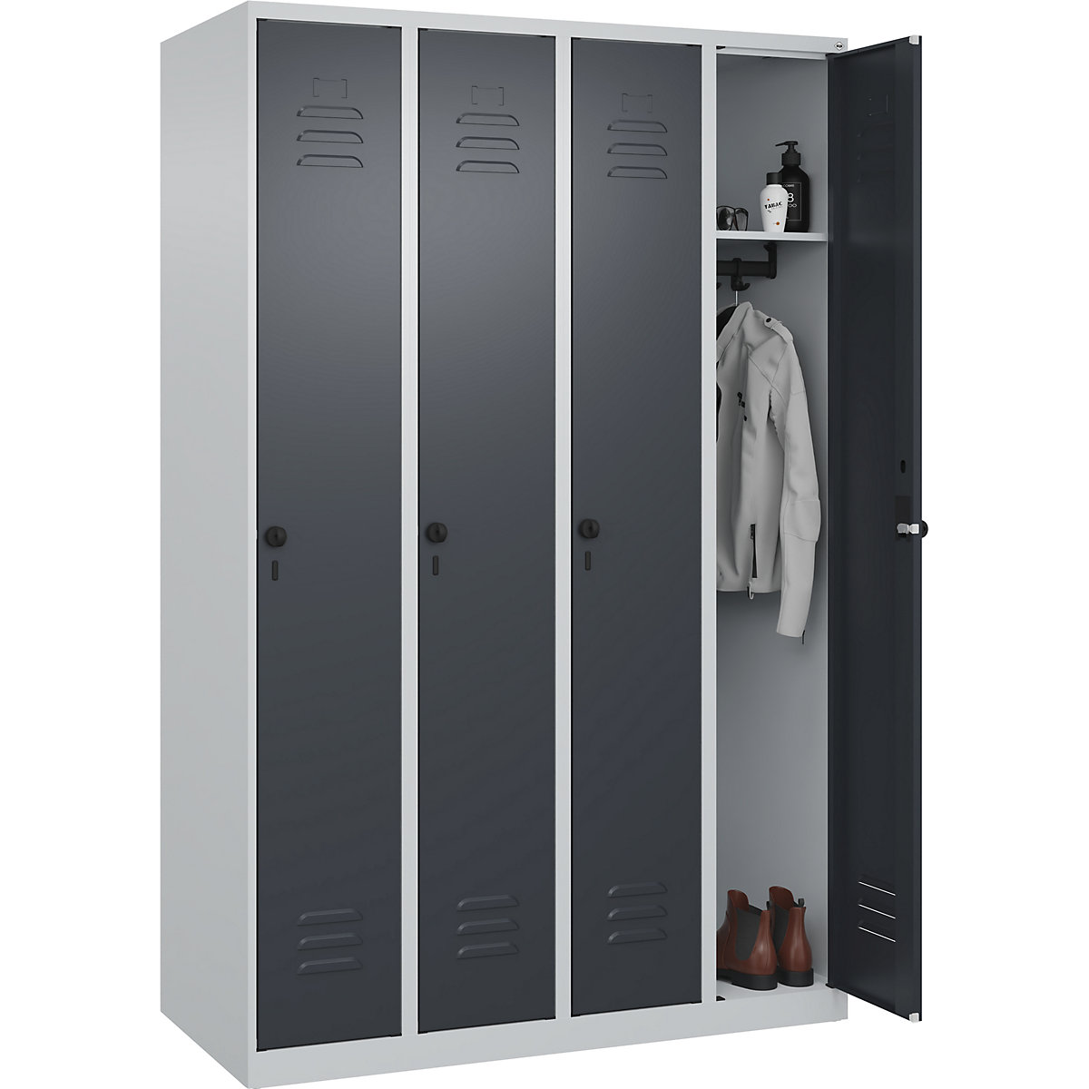 Classic PLUS öltözőszekrény – C+P, 4 fülke, világosszürke / szürke, szé 1200 mm, csúszótalpakkal, forgóretesszel-31