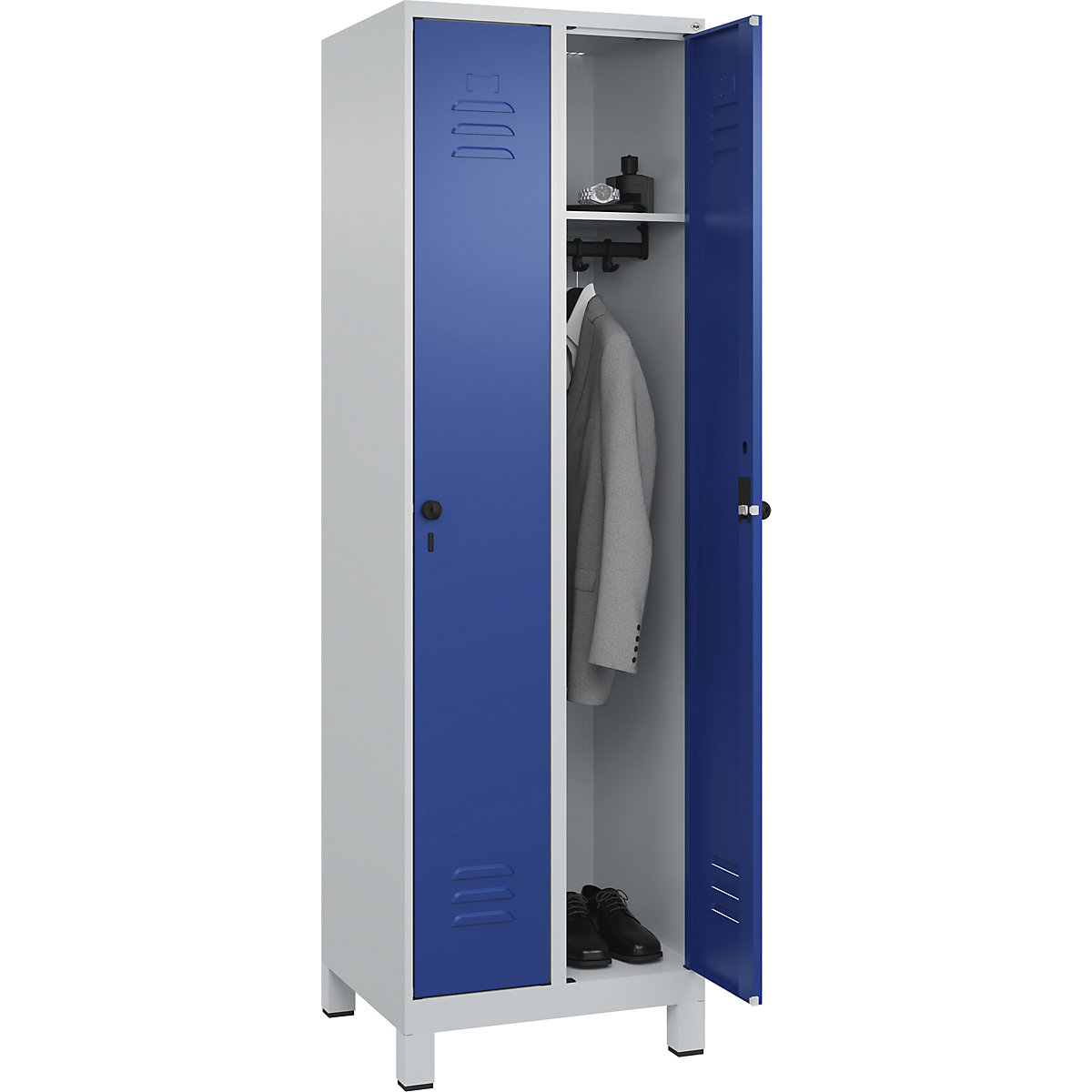 Classic PLUS öltözőszekrény – C+P, 2 fülke, világosszürke / enciánkék, szé 600 mm, lábakkal, forgóretesszel-116