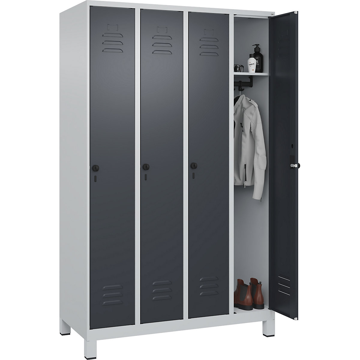 Classic PLUS öltözőszekrény – C+P, 4 fülke, világosszürke / szürke, szé 1200 mm, lábakkal, forgóretesszel-36