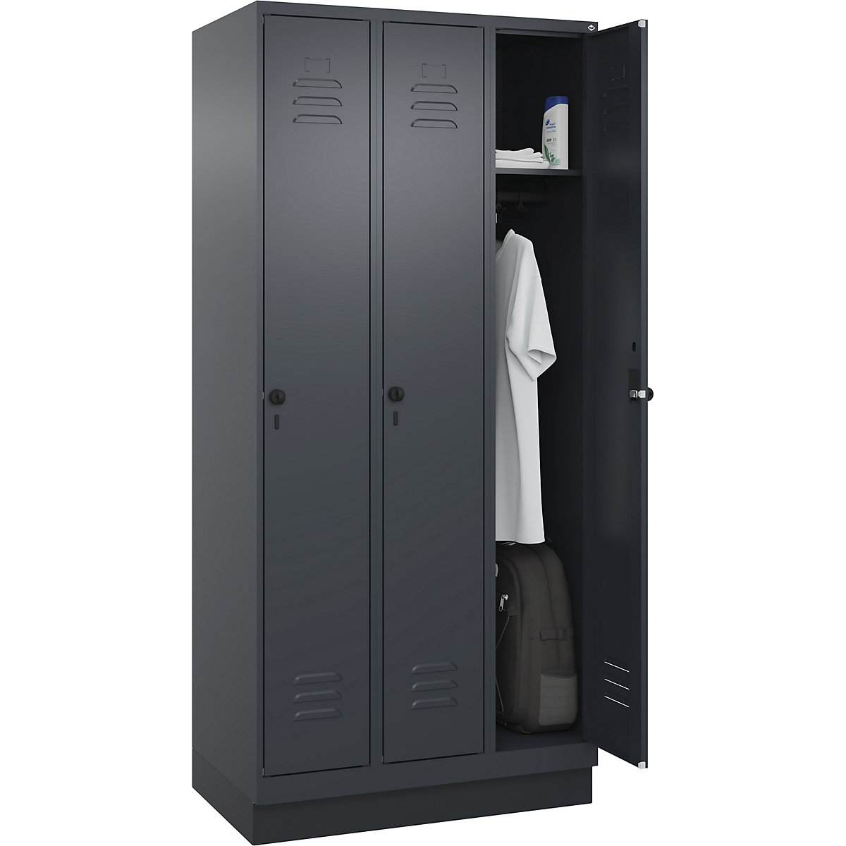 Classic PLUS öltözőszekrény – C+P, 3 fülke, szürke, szé 900 mm, lábazattal, forgóretesszel-221