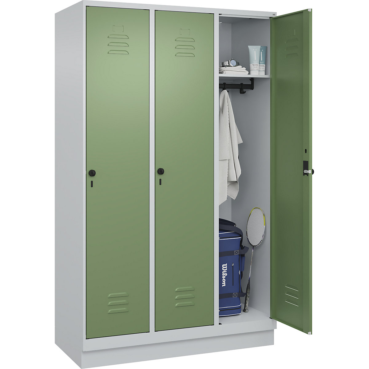 Classic PLUS öltözőszekrény – C+P, 3 fülke, világosszürke / rezedazöld, szé 1200 mm, lábazattal, forgóretesszel-105