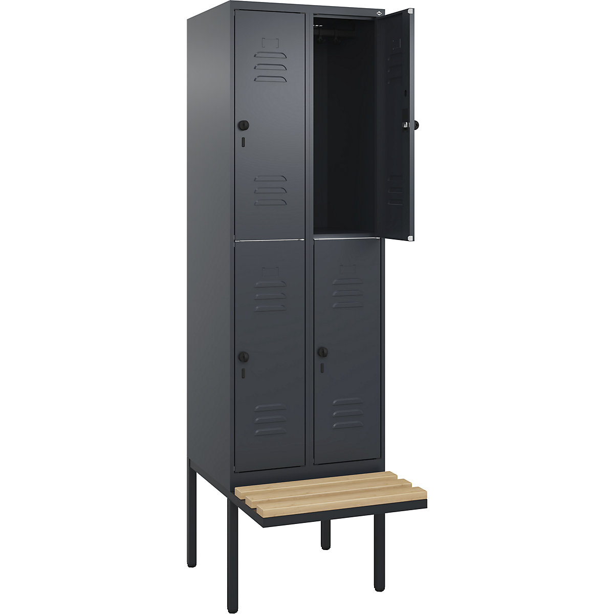 Classic PLUS kétszintes öltözőszekrény paddal – C+P, 2 fülke, szürke, szé 600 mm, biztonsági forgóretesz, túlnyúló, bükk keményfa-147