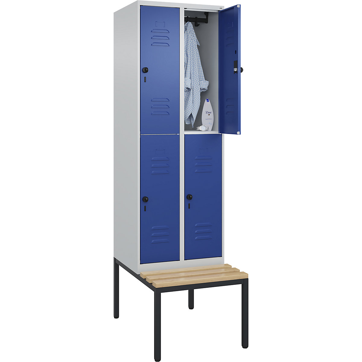 Classic PLUS kétszintes öltözőszekrény paddal – C+P, 2 fülke, világosszürke / enciánkék, szé 600 mm, biztonsági forgóretesz, alátámasztott, bükk keményfa-114