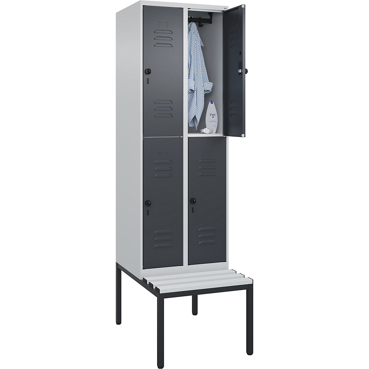 Classic PLUS kétszintes öltözőszekrény paddal – C+P, 2 fülke, világosszürke / szürke, szé 600 mm, biztonsági forgóretesz, alátámasztott, műanyag-304