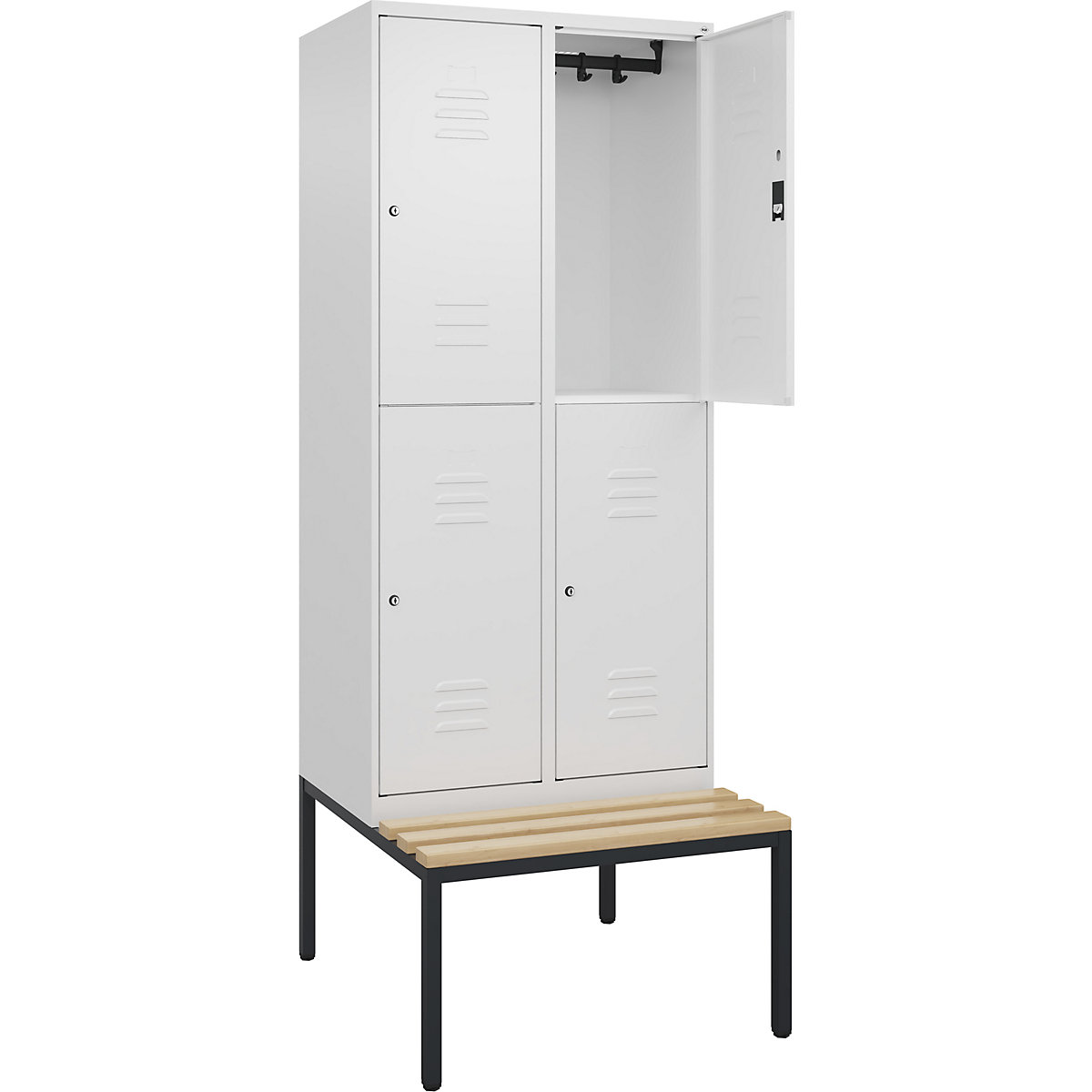 Classic PLUS kétszintes öltözőszekrény paddal – C+P, 2 fülke, közlekedési fehér, szé 800 mm, hengerzár, alátámasztott, bükk keményfa-24