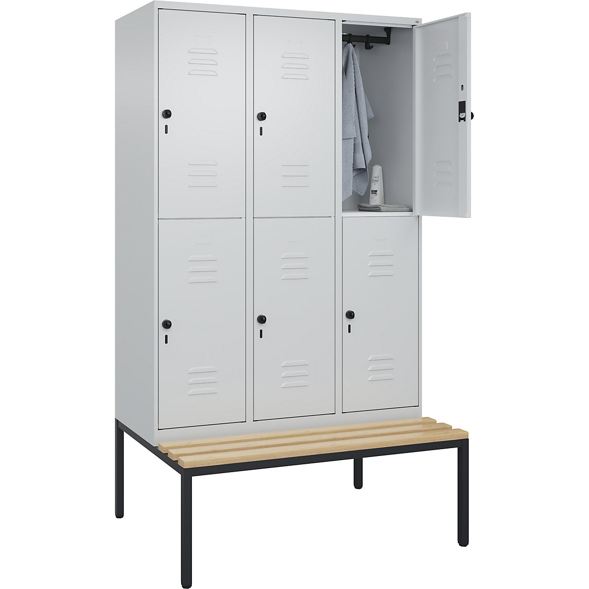 Classic PLUS kétszintes öltözőszekrény paddal – C+P, 3 fülke, világosszürke, szé 1200 mm, biztonsági forgóretesz, alátámasztott, bükk keményfa-229