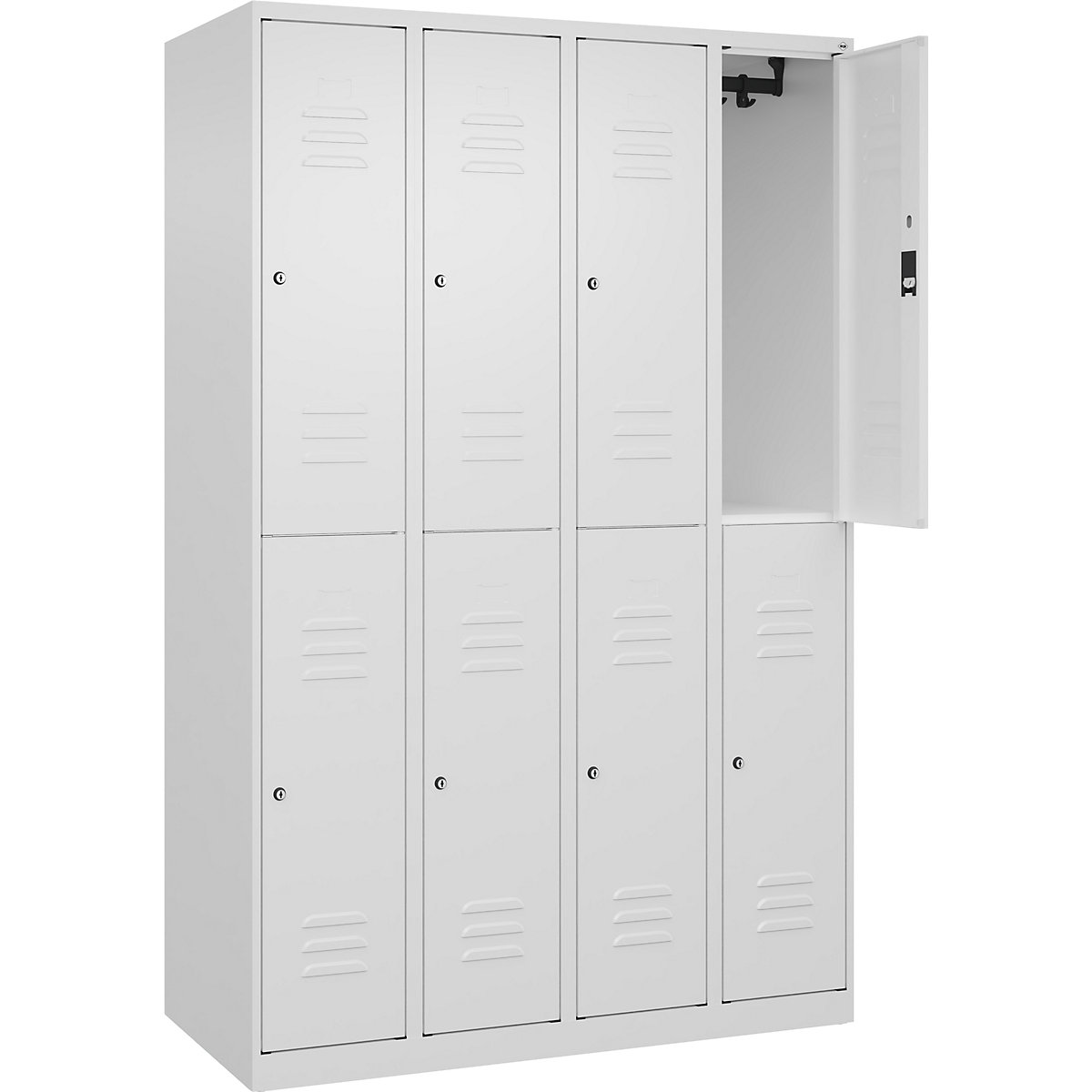 Classic PLUS kétszintes öltözőszekrény – C+P, 4 fülke, közlekedési fehér, ma x szé 1850 x 1200 mm, csúszótalpakkal, hengerzárral-77