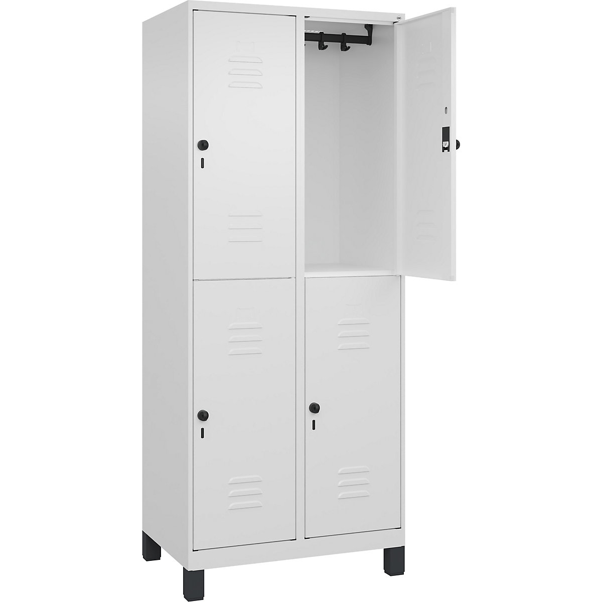 Classic PLUS kétszintes öltözőszekrény – C+P, 2 fülke, közlekedési fehér, ma x szé 1950 x 800 mm, lábakkal, forgóretesszel-163