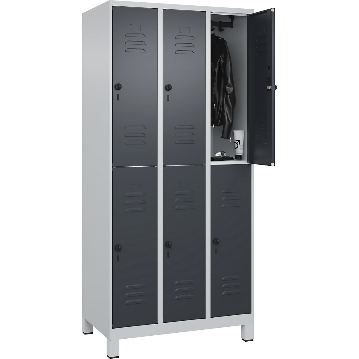 Classic PLUS kétszintes öltözőszekrény – C+P, 3 fülke, világosszürke / szürke, ma x szé 1950 x 900 mm, lábakkal, forgóretesszel-187