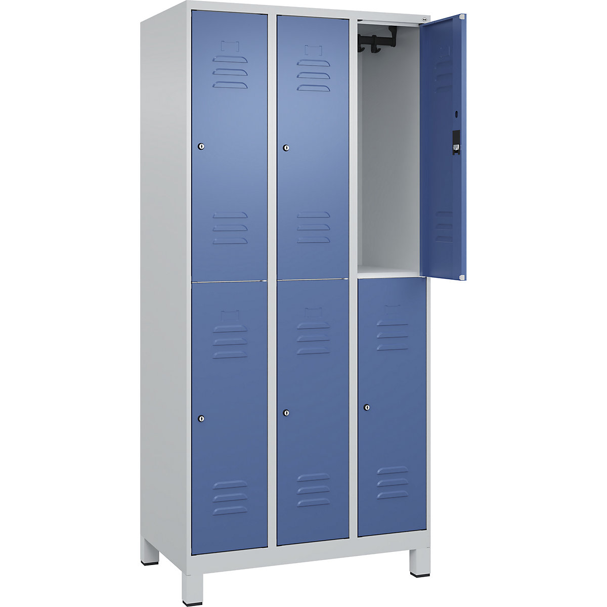 Classic PLUS kétszintes öltözőszekrény – C+P, 3 fülke, világosszürke / távolikék, ma x szé 1950 x 900 mm, lábakkal, hengerzárral-91