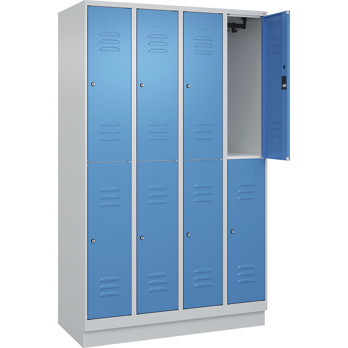 Classic PLUS kétszintes öltözőszekrény – C+P, 4 fülke, világosszürke / világoskék, ma x szé 1950 x 1200 mm, lábazattal, hengerzárral-92