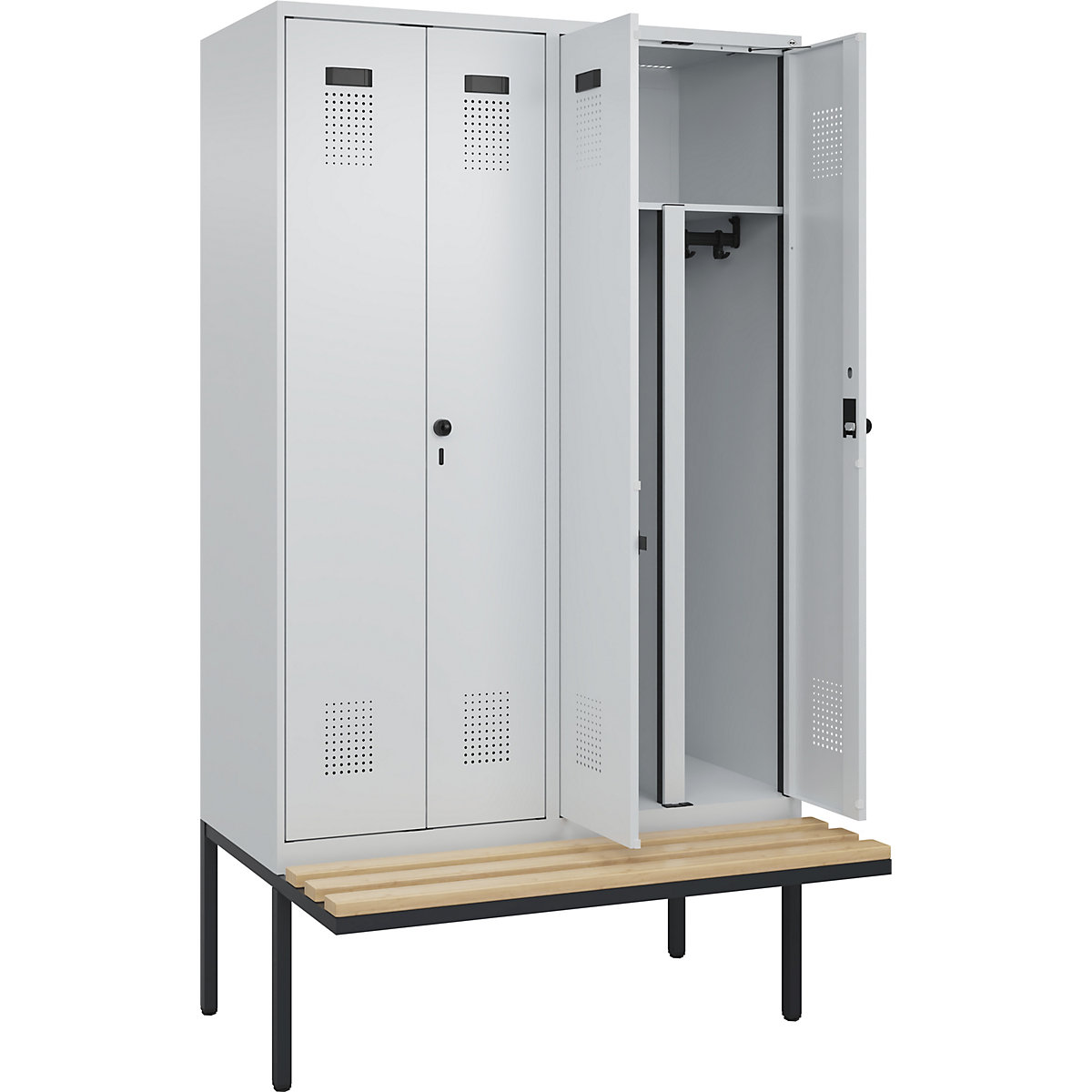 Evolo PLUS öltözőszekrény paddal, utcai és munkaruházat tárolásához, 4 fülke, rövidített válaszfal, világosszürke / világosszürke, szé 1200 mm, biztonsági forgóretesz, túlnyúló paddal, bükk-112