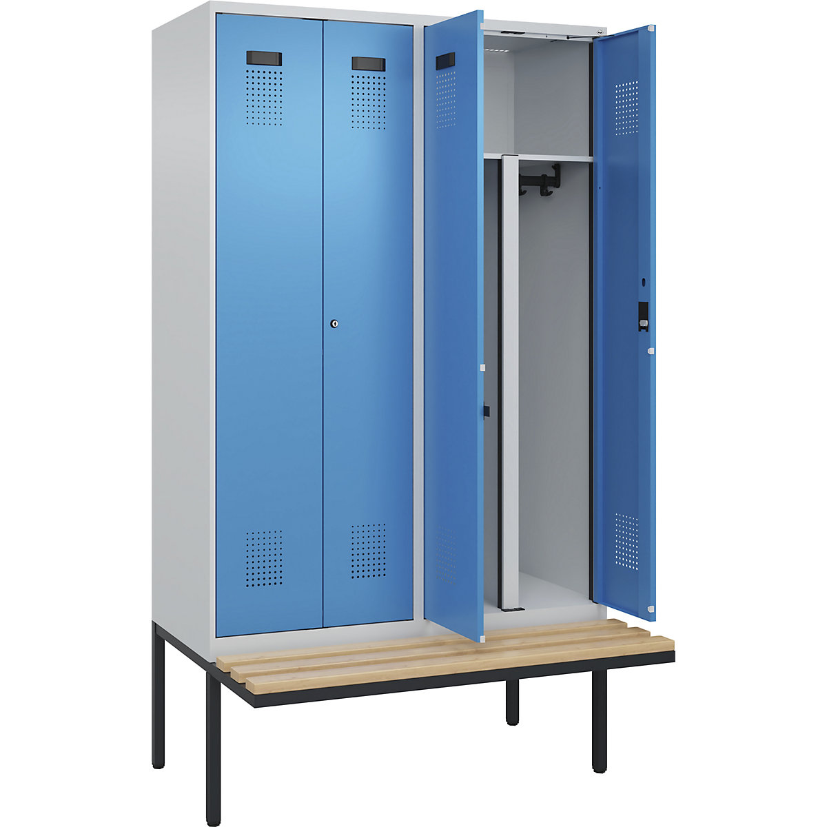 Evolo PLUS öltözőszekrény paddal, utcai és munkaruházat tárolásához, 4 fülke, rövidített válaszfal, világosszürke / világoskék, szé 1200 mm, hengerzár, túlnyúló paddal, bükk-111