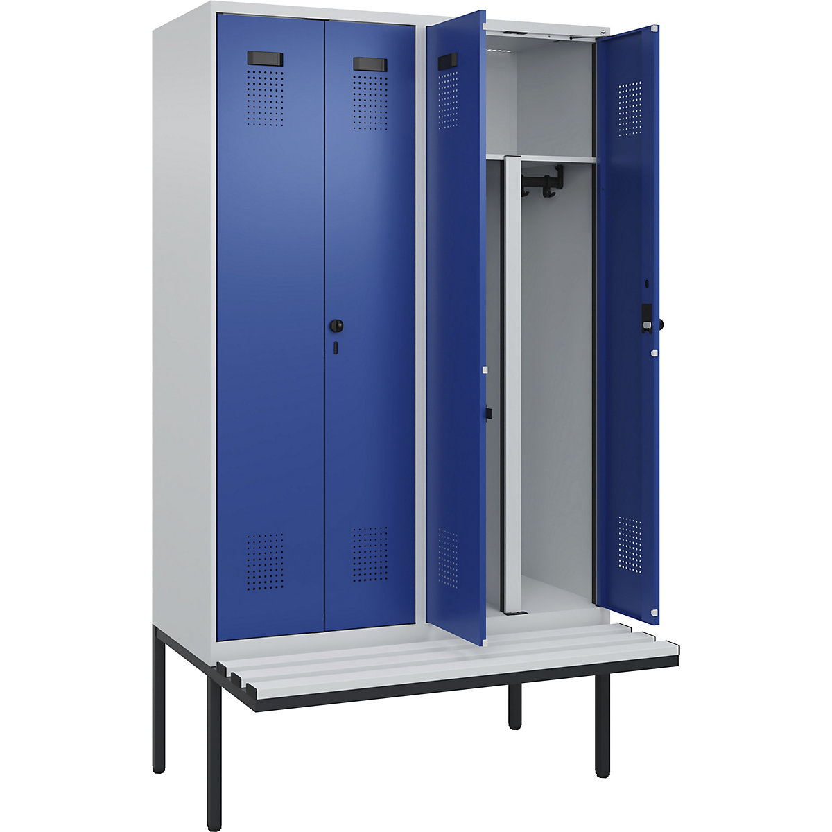 Evolo PLUS öltözőszekrény paddal, utcai és munkaruházat tárolásához, 4 fülke, rövidített válaszfal, világosszürke / enciánkék, szé 1200 mm, biztonsági forgóretesz, túlnyúló paddal, műanyag-61