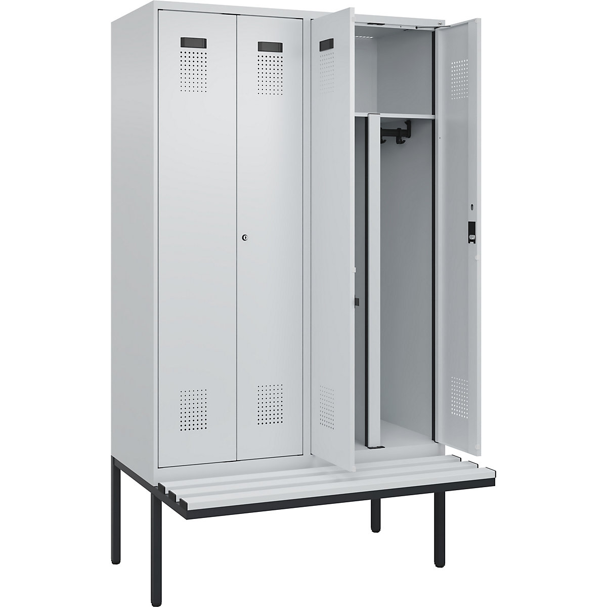 Evolo PLUS öltözőszekrény paddal, utcai és munkaruházat tárolásához, 4 fülke, rövidített válaszfal, világosszürke / világosszürke, szé 1200 mm, hengerzár, túlnyúló paddal, műanyag-50