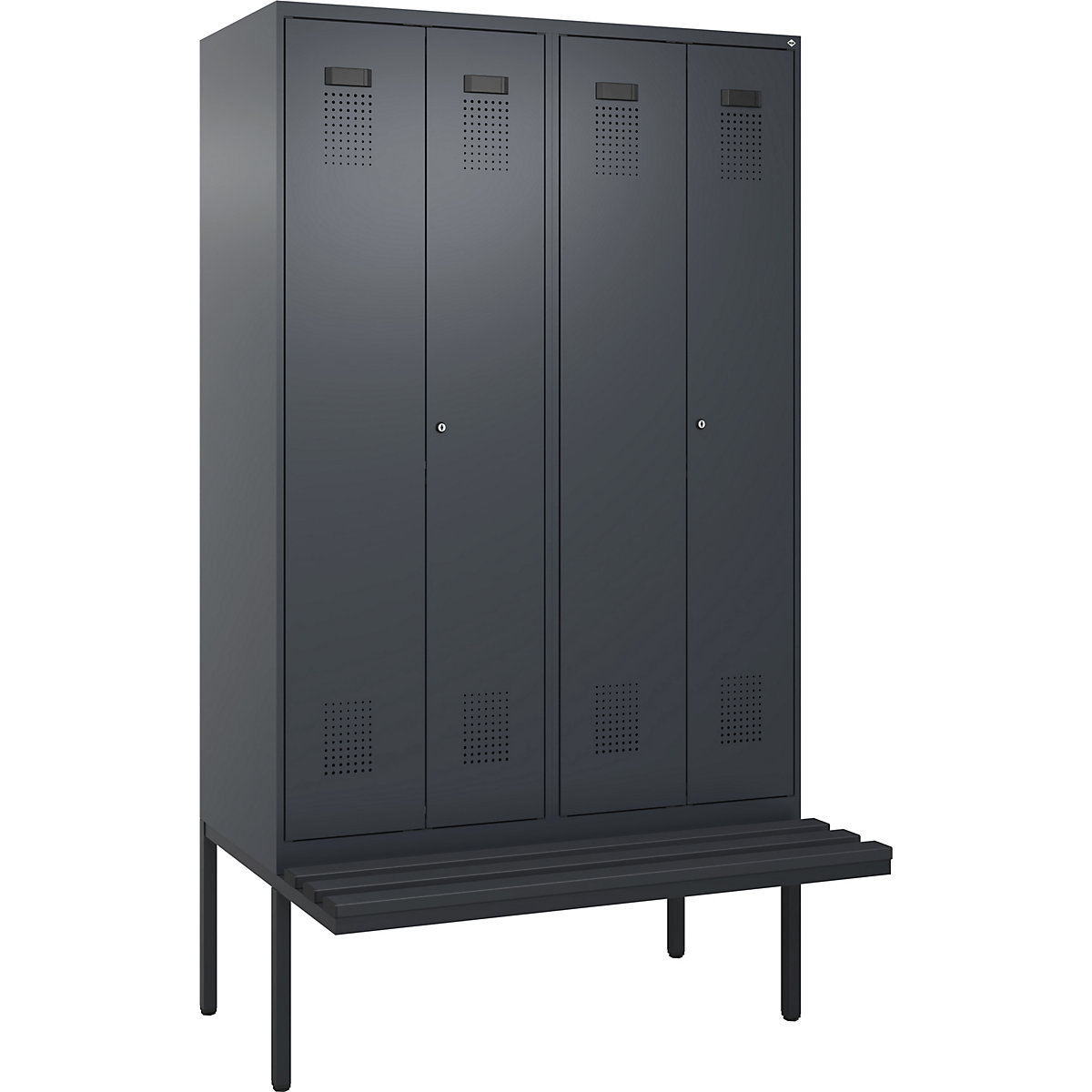 Evolo PLUS öltözőszekrény paddal, utcai és munkaruházat tárolásához, 4 fülke, rövidített válaszfal, szürke, szé 1200 mm, hengerzár, túlnyúló paddal, műanyag-118