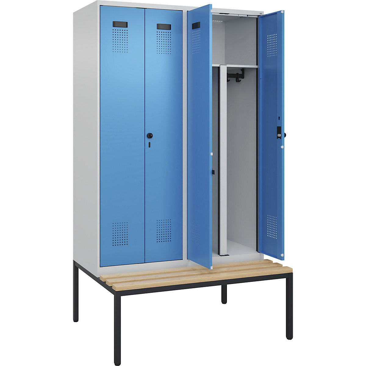 Evolo PLUS öltözőszekrény paddal, utcai és munkaruházat tárolásához, 4 fülke, rövidített válaszfal, világosszürke / világoskék, szé 1200 mm, biztonsági forgóretesz, alátámasztott paddal, bükk-6