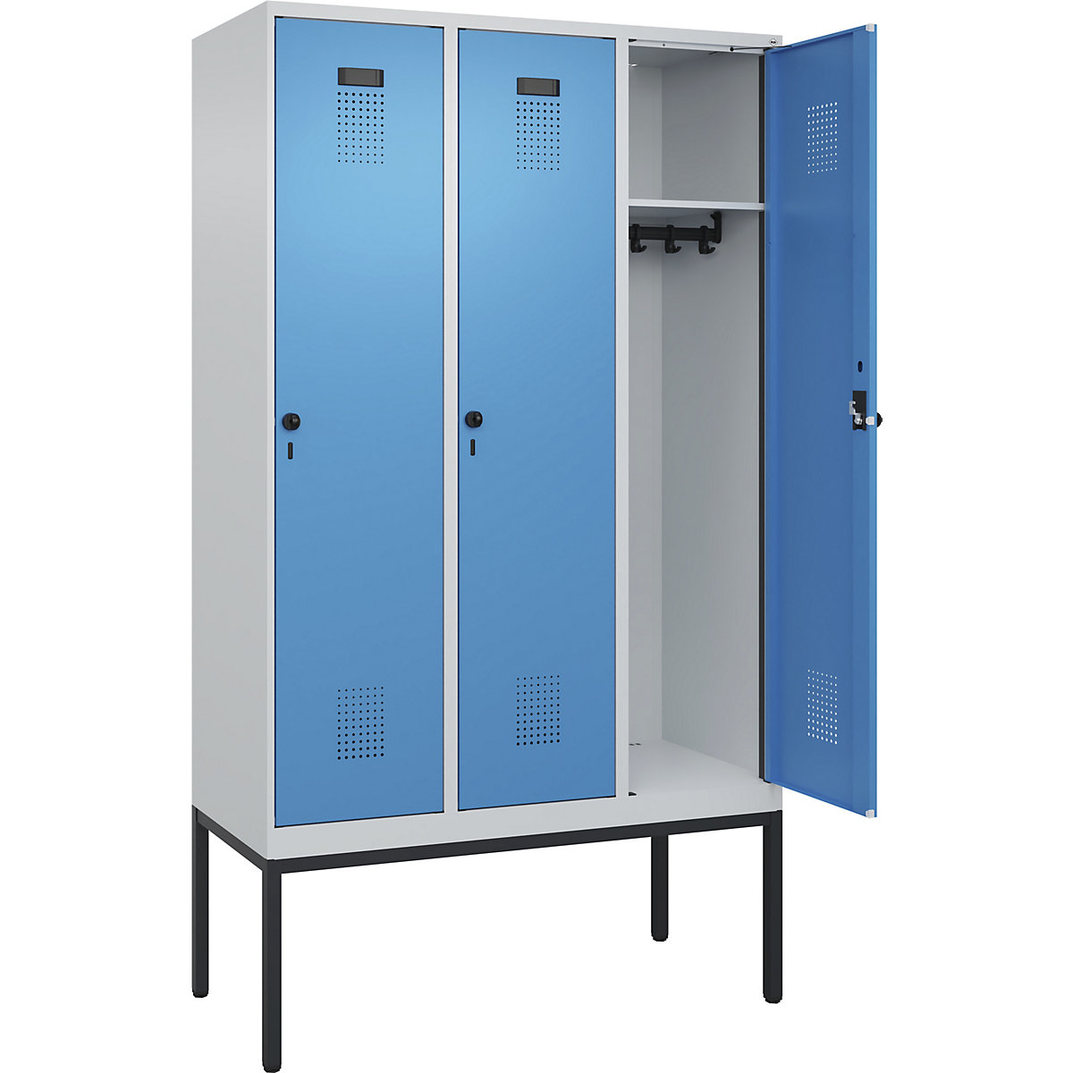 Evolo PLUS öltözőszekrény – C+P, 3 fülke, világosszürke / világoskék, szé 1200 mm, keskeny lábakkal, forgóretesszel-25