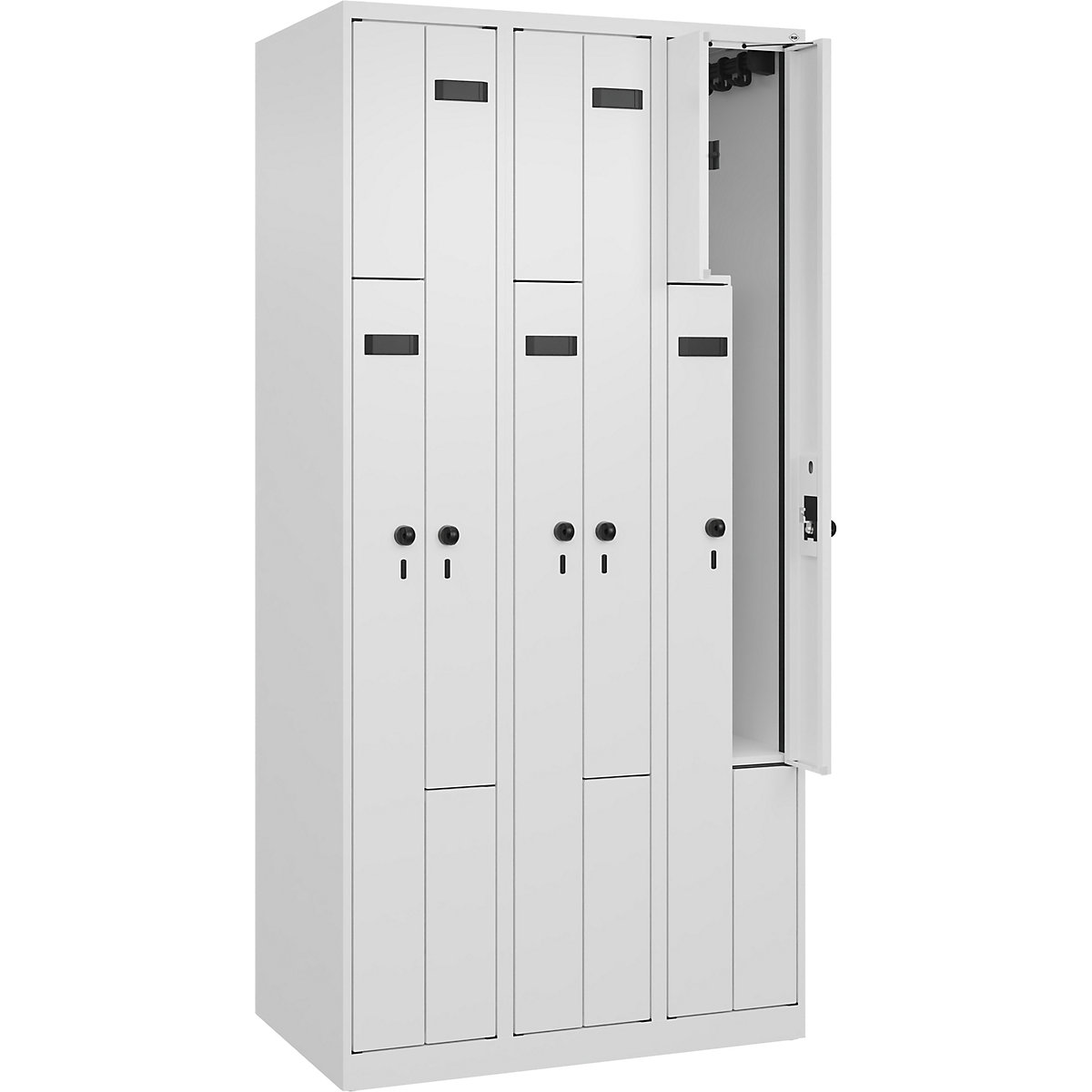 Evolo PLUS Z-rekeszes öltözőszekrény, 3 fülke, fehér, szé 900 mm, 6 rekesz, csúszótalpakkal, biztonsági forgóretesszel-9