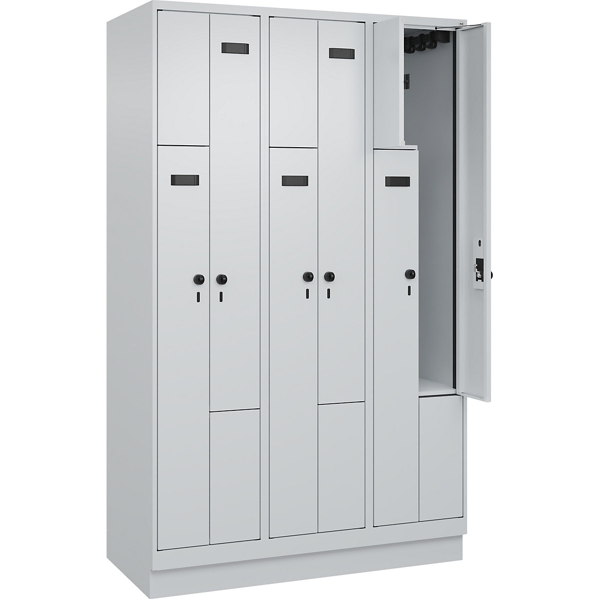 Evolo PLUS Z-rekeszes öltözőszekrény, 3 fülke, világosszürke, szé 1200 mm, 6 rekesz, lábazattal, biztonsági forgóretesszel-74