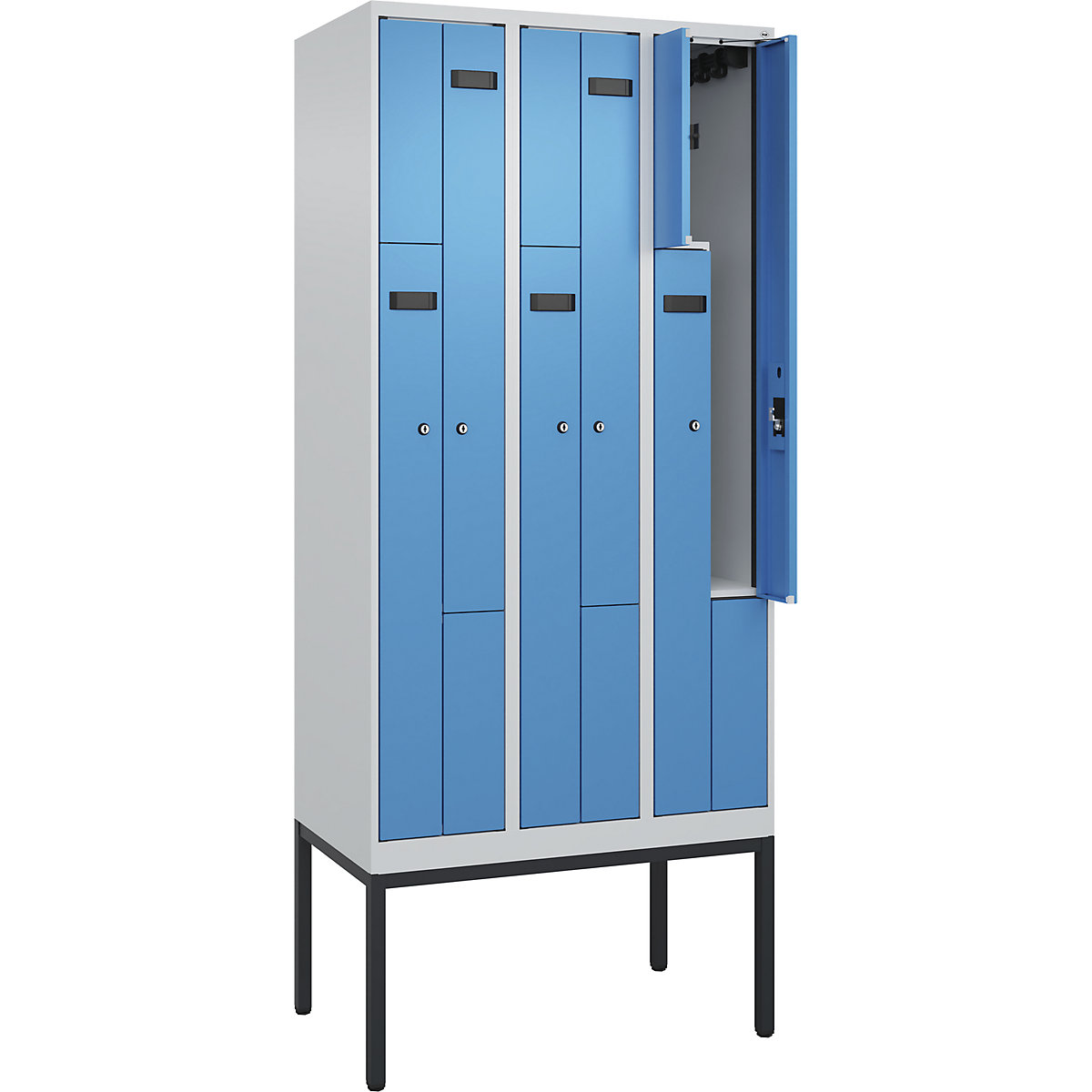 Evolo PLUS Z-rekeszes öltözőszekrény, 3 fülke, világosszürke / világoskék, szé 900 mm, 6 rekesz, keskeny lábakkal, hengerzárral-85