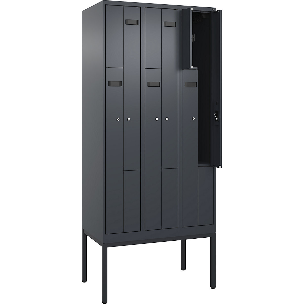 Evolo PLUS Z-rekeszes öltözőszekrény, 3 fülke, szürke, szé 900 mm, 6 rekesz, keskeny lábakkal, hengerzárral-70