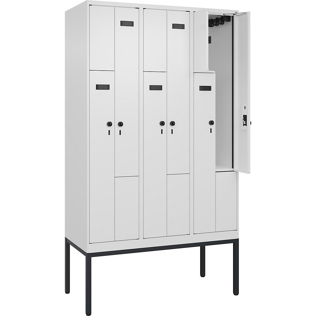 Evolo PLUS Z-rekeszes öltözőszekrény, 3 fülke, fehér, szé 1200 mm, 6 rekesz, keskeny lábakkal, biztonsági forgóretesszel-65