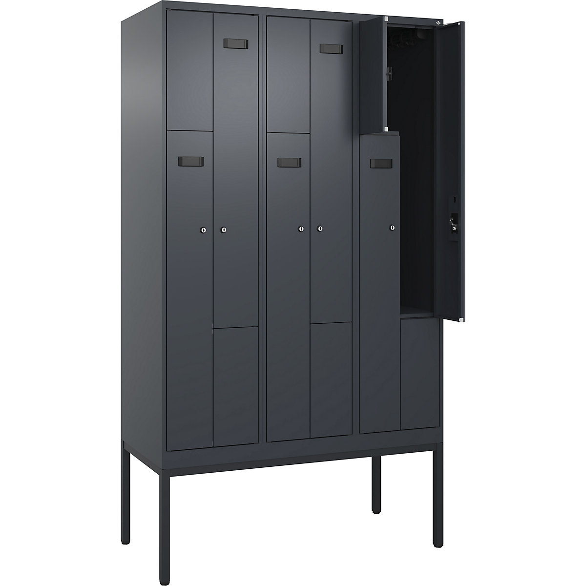 Evolo PLUS Z-rekeszes öltözőszekrény, 3 fülke, szürke, szé 1200 mm, 6 rekesz, keskeny lábakkal, hengerzárral-129