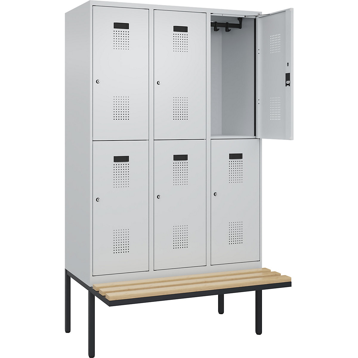 Evolo PLUS kétszintes öltözőszekrény paddal, 3 fülke, világosszürke / világosszürke, szé 1200 mm, hengerzár, túlnyúló paddal, bükk-166