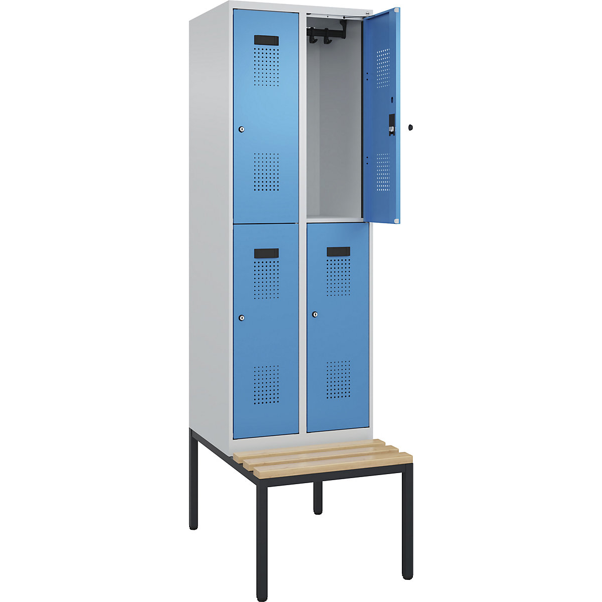 Evolo PLUS kétszintes öltözőszekrény paddal, 2 fülke, világosszürke / világoskék, szé 600 mm, hengerzár, alátámasztott paddal, bükk-118