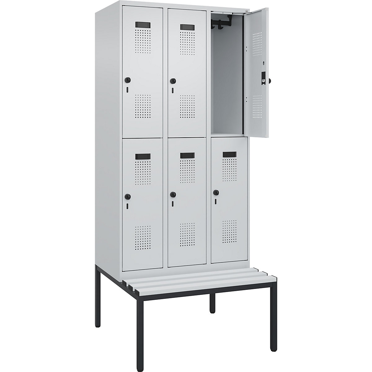 Evolo PLUS kétszintes öltözőszekrény paddal, 3 fülke, világosszürke / világosszürke, szé 900 mm, biztonsági forgóretesz, alátámasztott paddal, műanyag-110