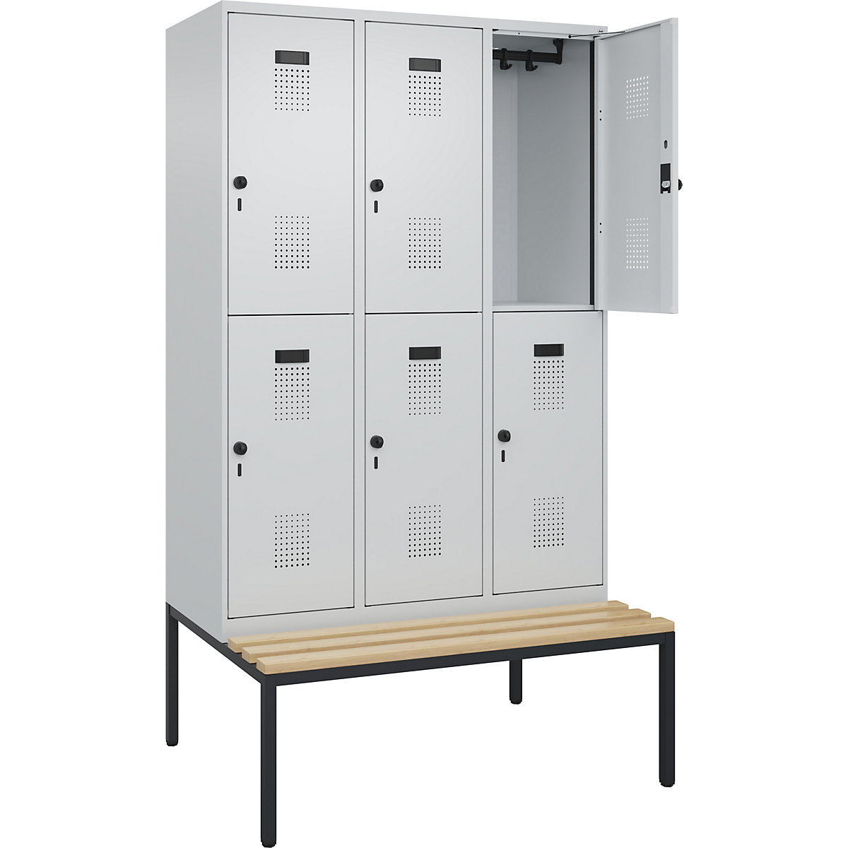 Evolo PLUS kétszintes öltözőszekrény paddal, 3 fülke, világosszürke / világosszürke, szé 1200 mm, biztonsági forgóretesz, alátámasztott paddal, bükk-182