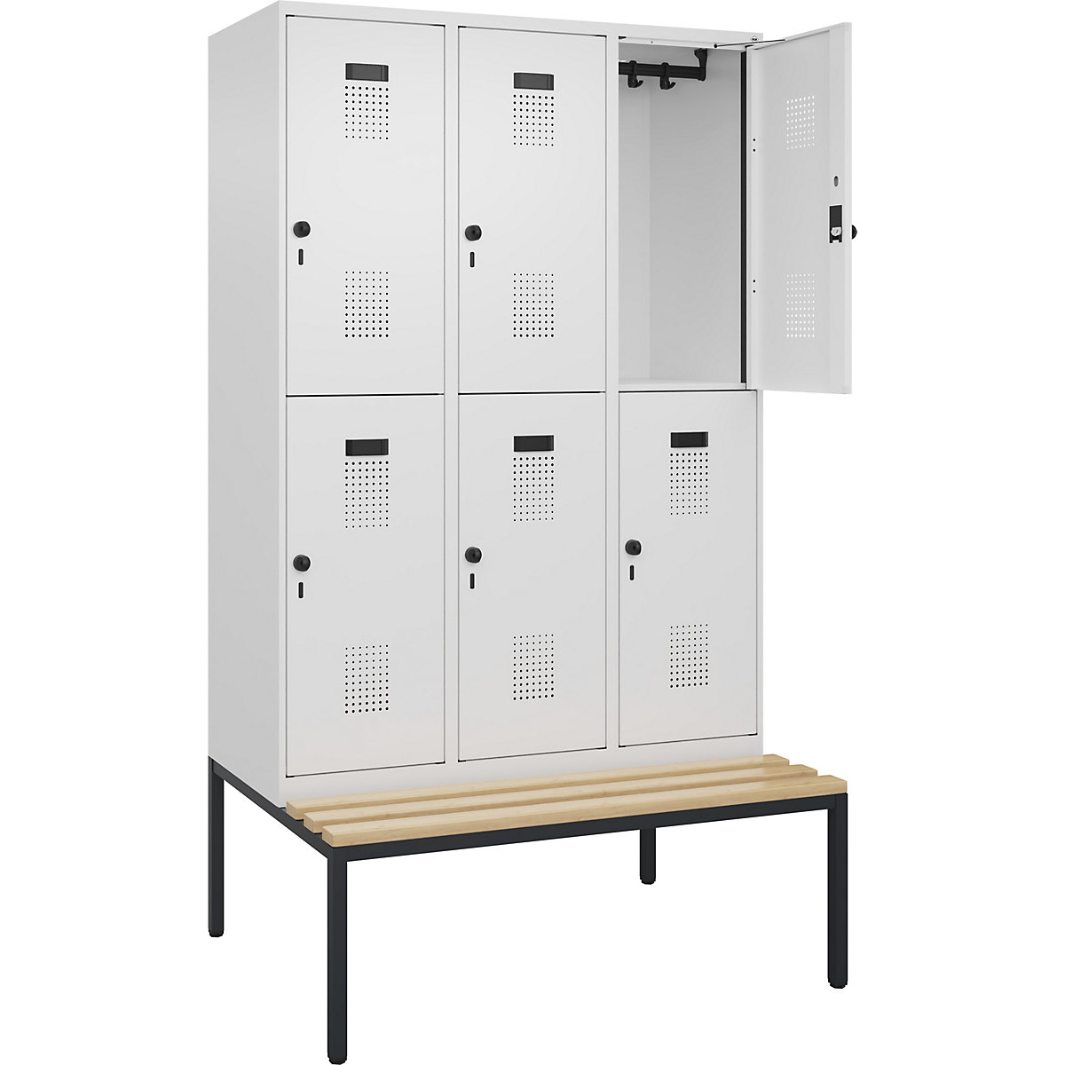 Evolo PLUS kétszintes öltözőszekrény paddal, 3 fülke, fehér, szé 1200 mm, biztonsági forgóretesz, alátámasztott paddal, bükk-117