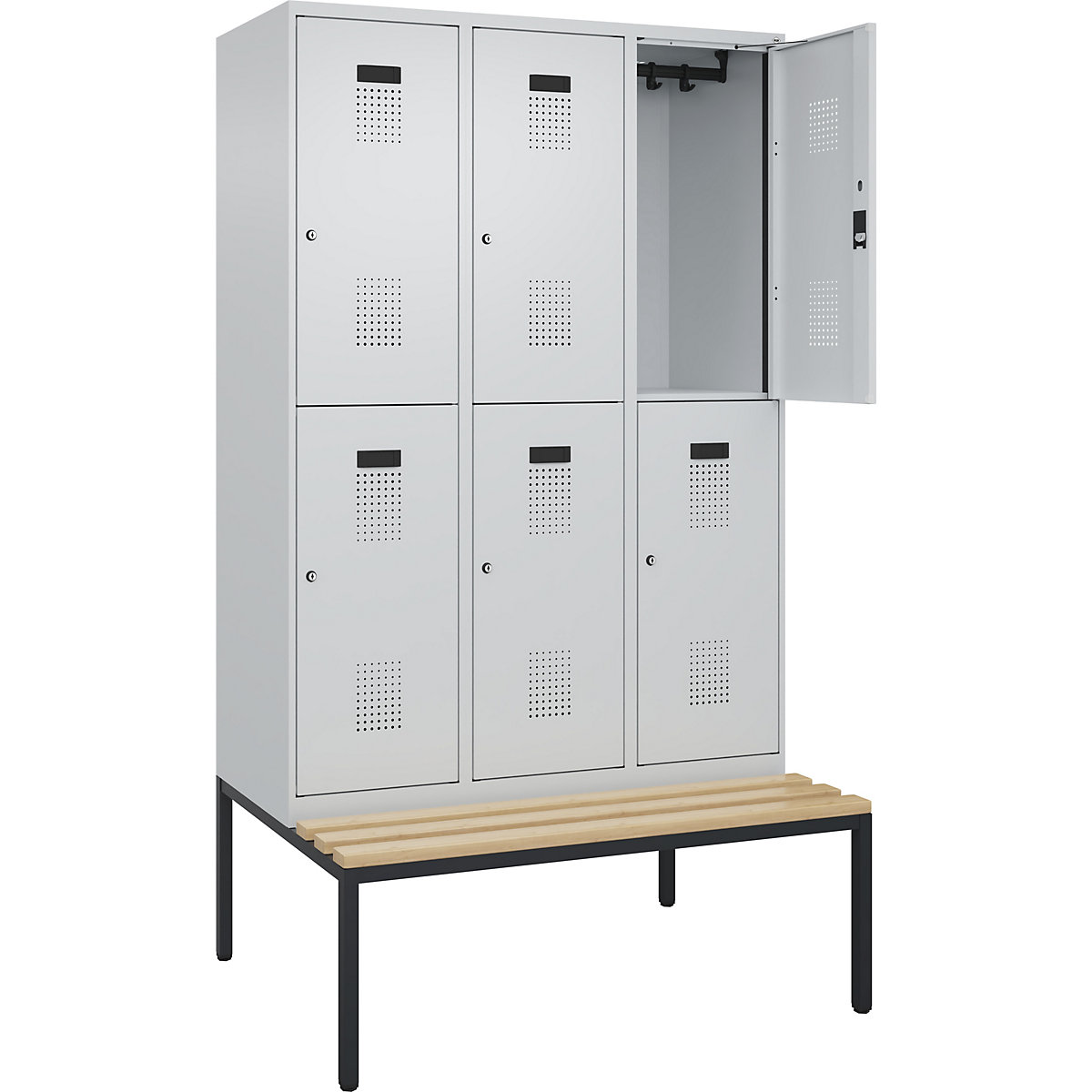 Evolo PLUS kétszintes öltözőszekrény paddal, 3 fülke, világosszürke / világosszürke, szé 1200 mm, hengerzár, alátámasztott paddal, bükk-132