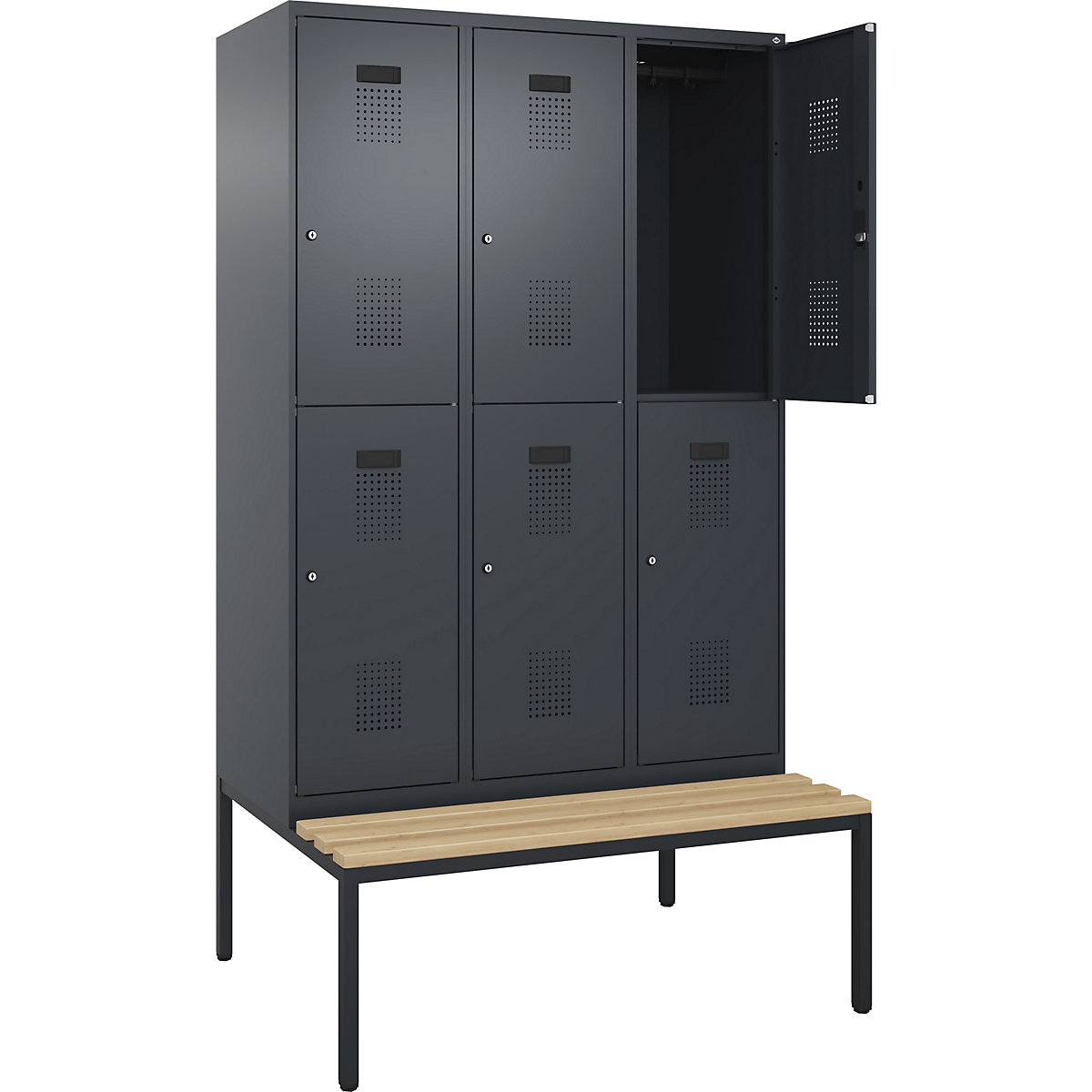 Evolo PLUS kétszintes öltözőszekrény paddal, 3 fülke, szürke, szé 1200 mm, hengerzár, alátámasztott paddal, bükk-53