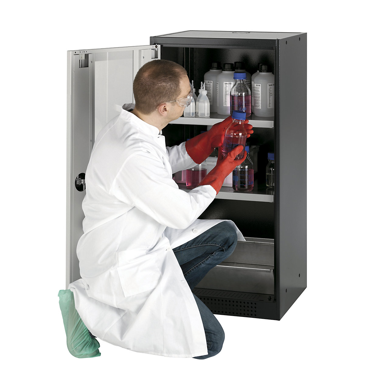 Laboratorijski ormarić za kemikalije – asecos, 1-krilni, poluvisok, 2 police, s oknom, u sivoj boji-2