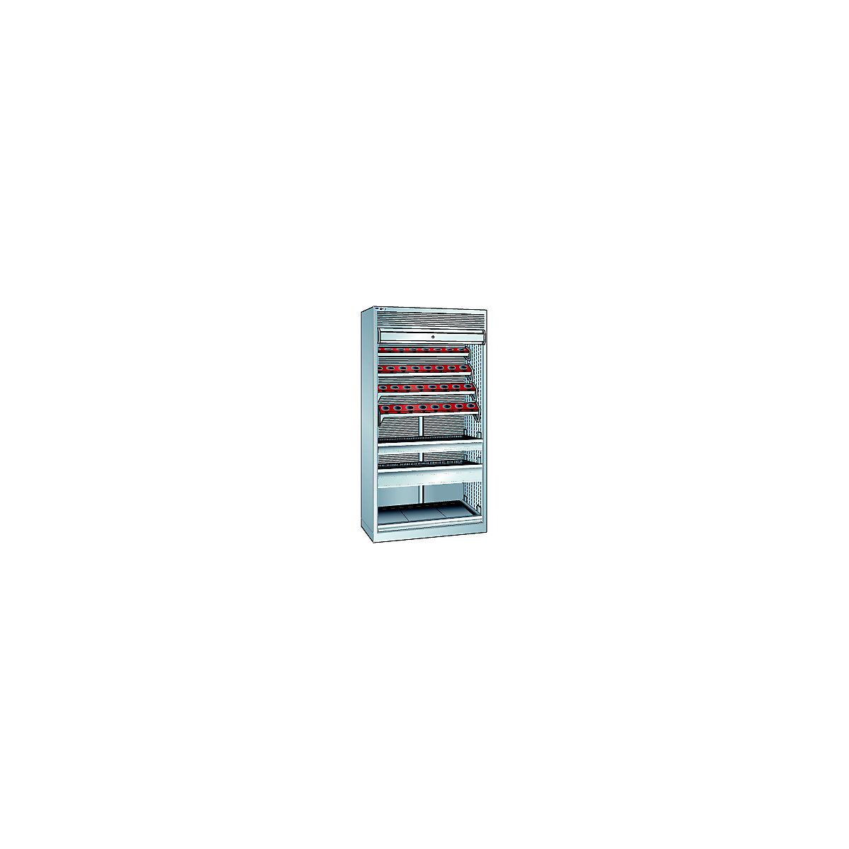 LISTA – Ormar za alat CNC s rolo vratima, 7 razina, 32 držača ISO-SK 50, u svijetlosivoj boji RAL 7035