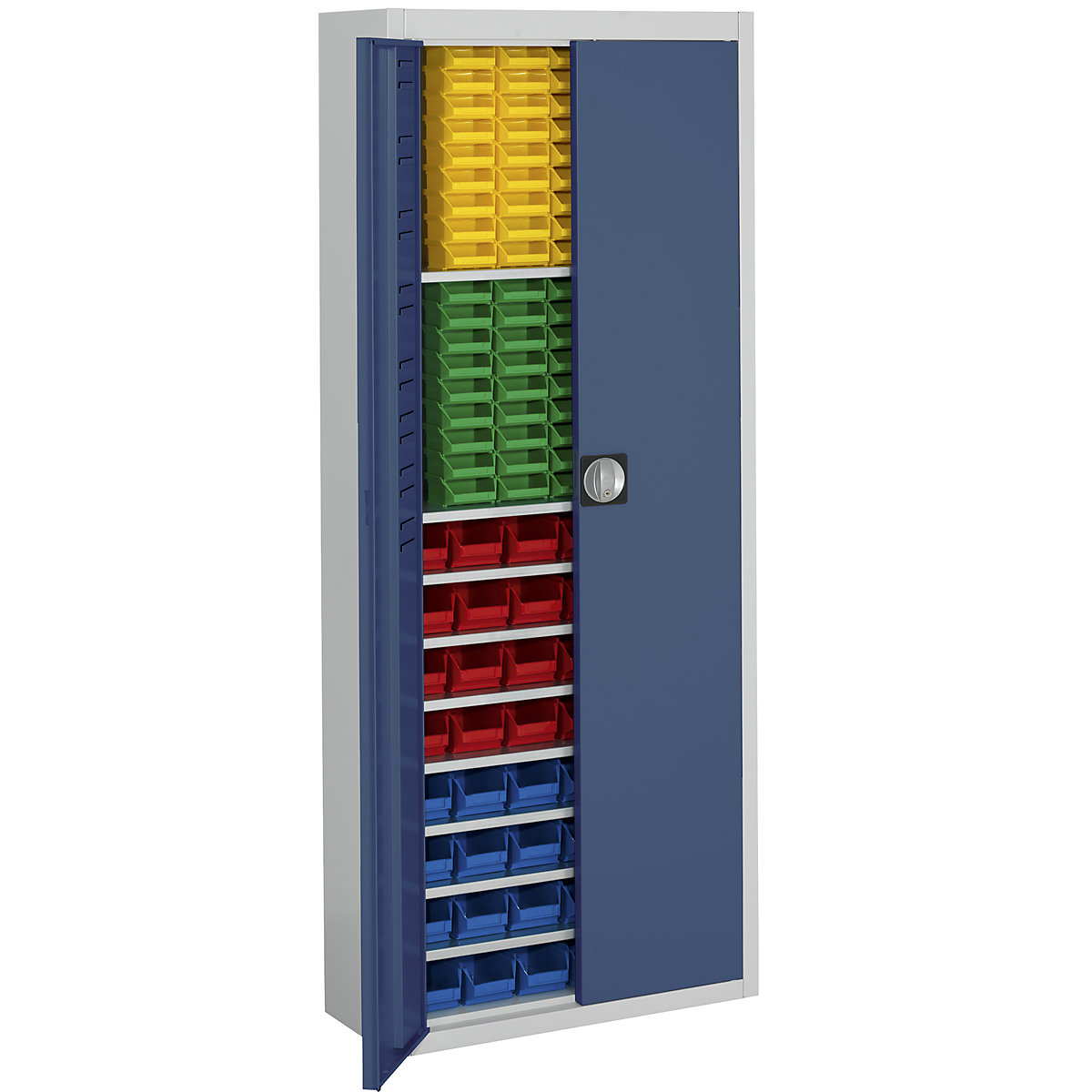 Skladišni ormar s otvorenim skladišnim kutijama – mauser, VxŠxD 1740 x 680 x 280 mm, u dvije boje, korpus u sivoj boji, vrata u plavoj boji, 138 kutija-15