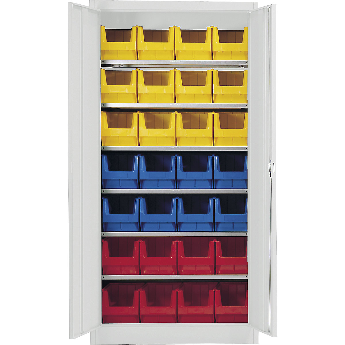 Skladišni ormar, u jednoj boji – mauser, s 28 otvorenih skladišnih kutija, 6 polica, u sivoj boji, od 3 kom.-4