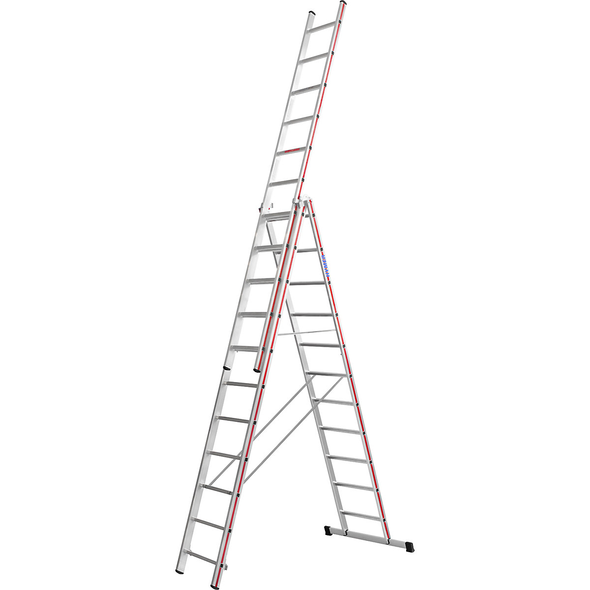 Hliníkový víceúčelový žebřík – HYMER, provedení Profi, 3 x 11 příčlí, max. pracovní výška 8,49 m