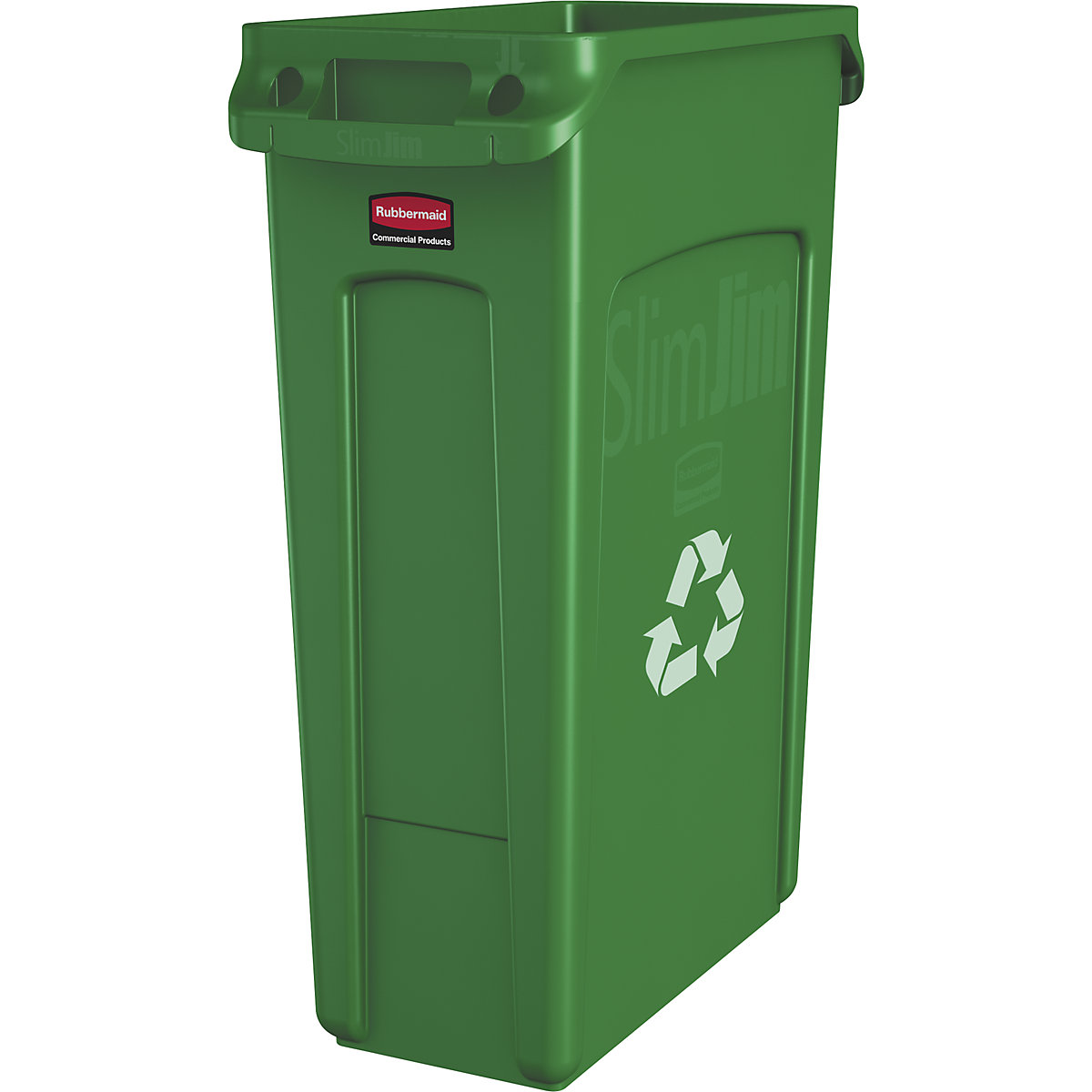Nádoba na odpad SLIM JIM® – Rubbermaid, objem 87 l, s vetracími kanálmi, zelená so symbolom recyklácie-12