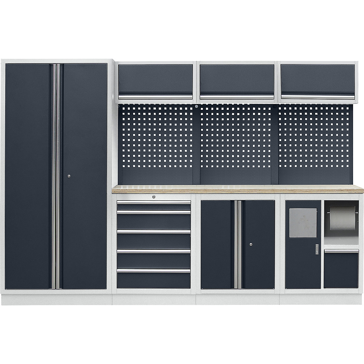 Armario modular de taller con armario alto de puertas batientes para la recogida de basura y la limpieza