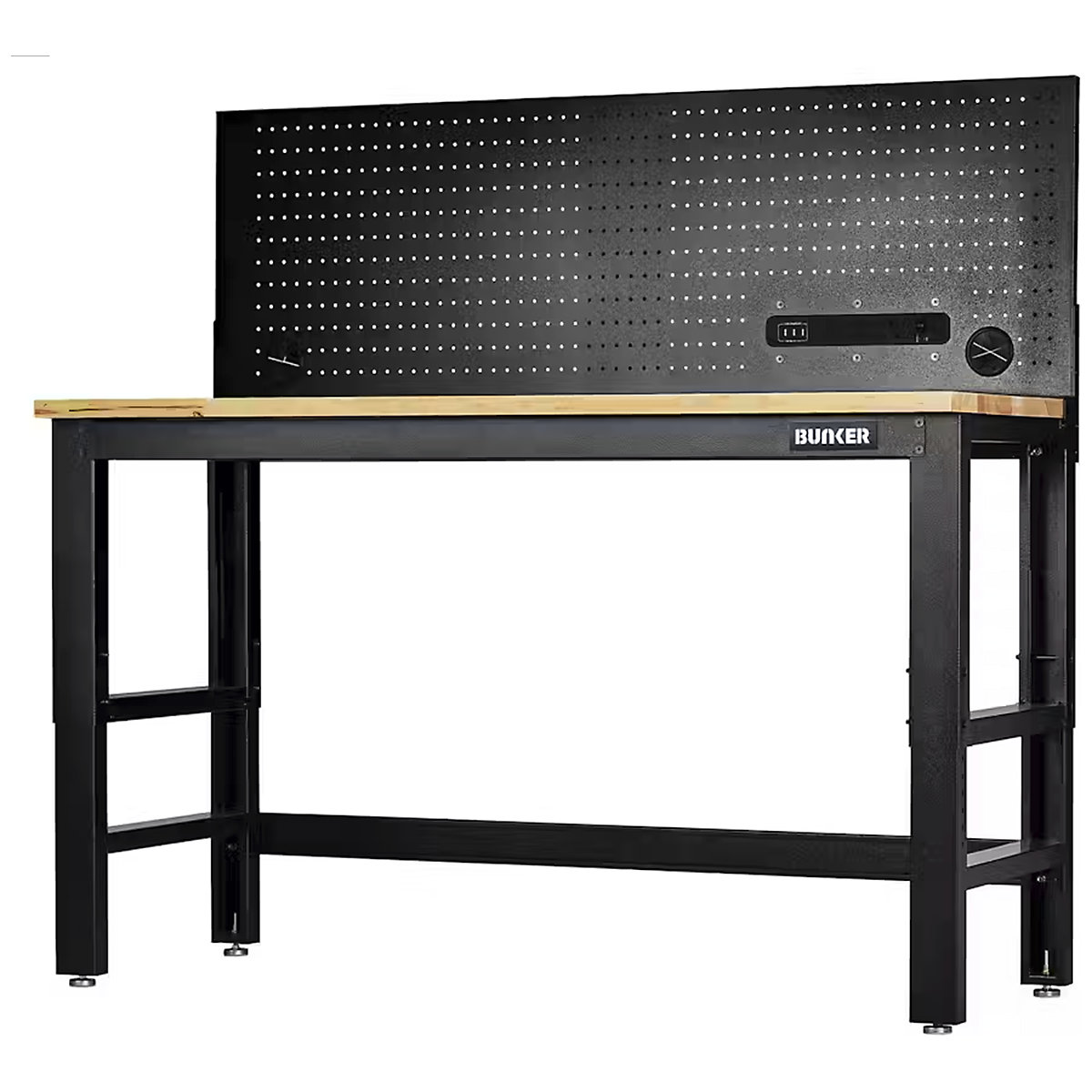 BUNKER Height Adjustable Workbenches, BUNKER Height Adjustable Workbenches, BUNKER® Height Adjustable Workbench with Power Pegboard | 760-1065h x 1550w x 610d mm | Hardwood Worktop | Black-1
