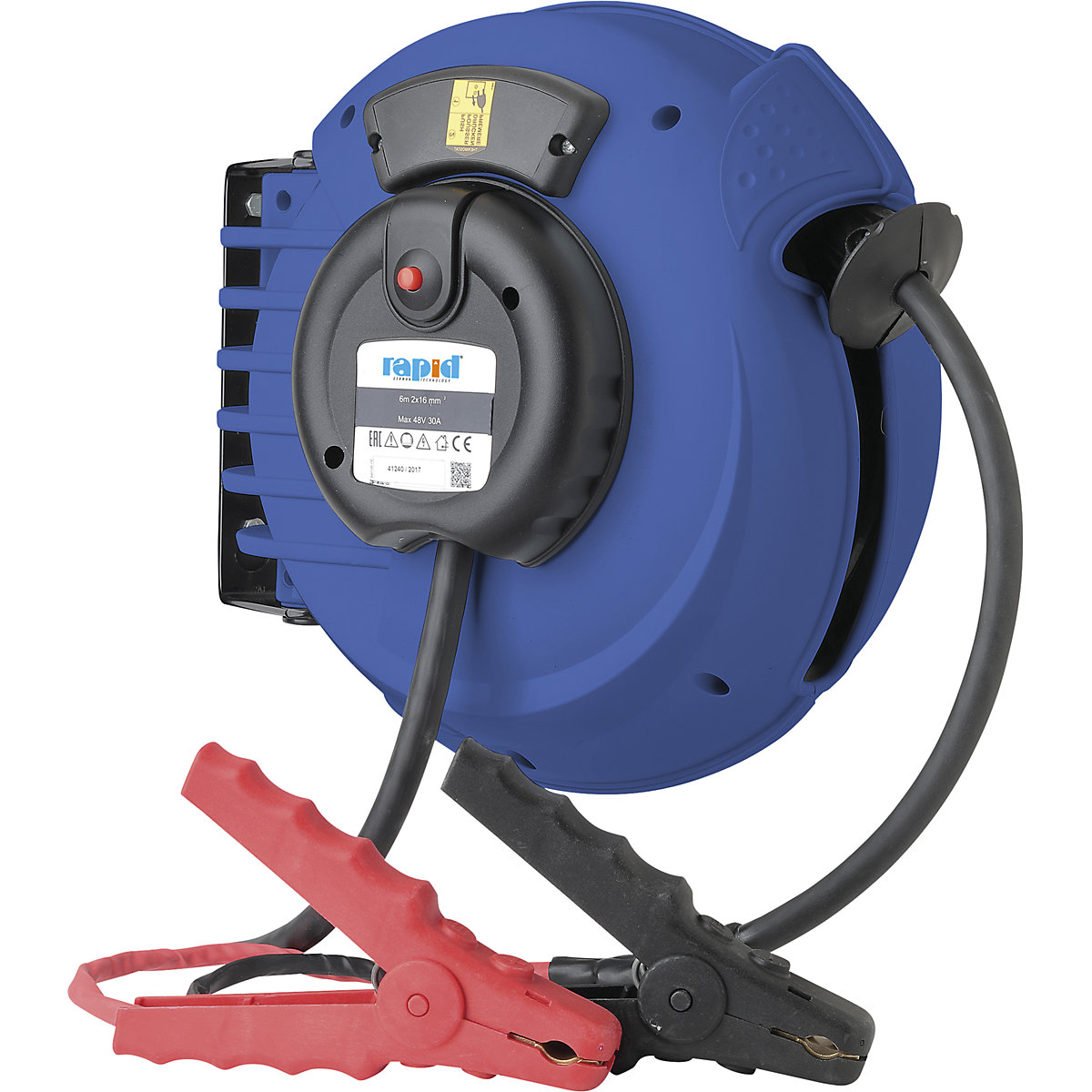 Cable reel with battery clamps