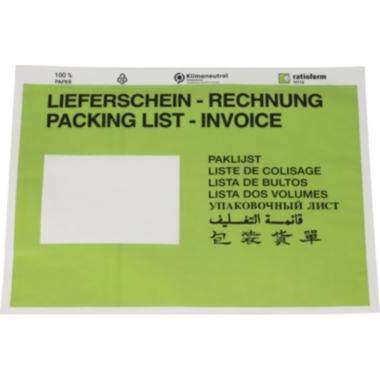 ratioform Buste portadocumenti in carta, stampa Packing list – Invoice, conf. da 1000 pz., lungh. x largh. 240 x 175 mm, verde, a partire da 10 conf.