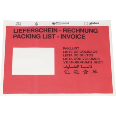 ratioform Buste portadocumenti in carta, stampa Packing list – Invoice, conf. da 1000 pz., lungh. x largh. 240 x 175 mm, rosso, a partire da 10 conf.